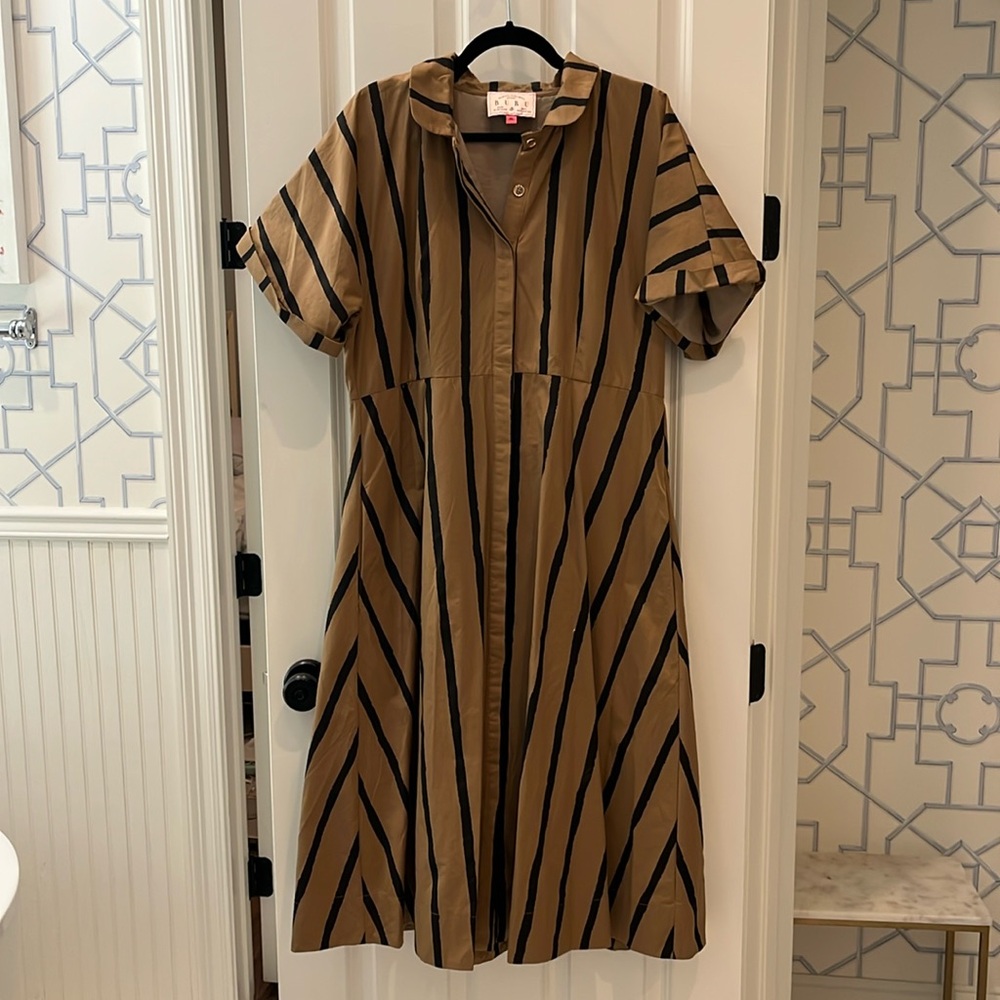 Buru Apparel black and brown striped dress XL button down gold buttons